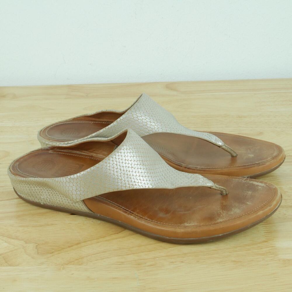 Fitflop Size 10 Leather Thong Sandals Comfort Metallic Slip On Beach Resort